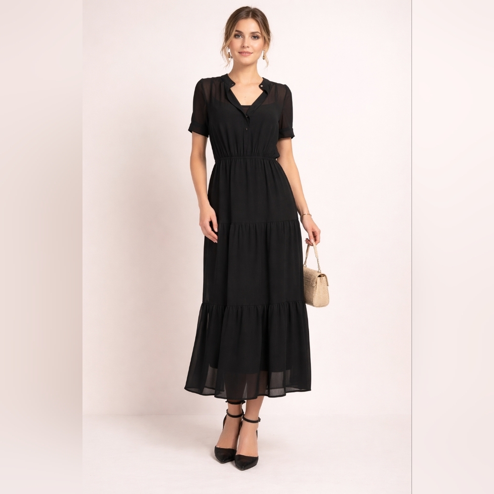 Francesca Bettini Black Tiered Sheer Maxi Dress Size 1X